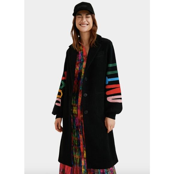 Desigual Estonia Coat Colorful Lettering Sleeves Wool Black Large - Picture 1 of 15